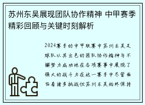 苏州东吴展现团队协作精神 中甲赛季精彩回顾与关键时刻解析