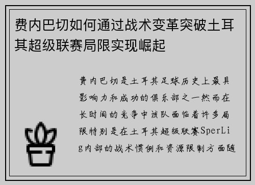 费内巴切如何通过战术变革突破土耳其超级联赛局限实现崛起