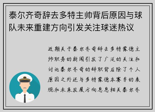 泰尔齐奇辞去多特主帅背后原因与球队未来重建方向引发关注球迷热议